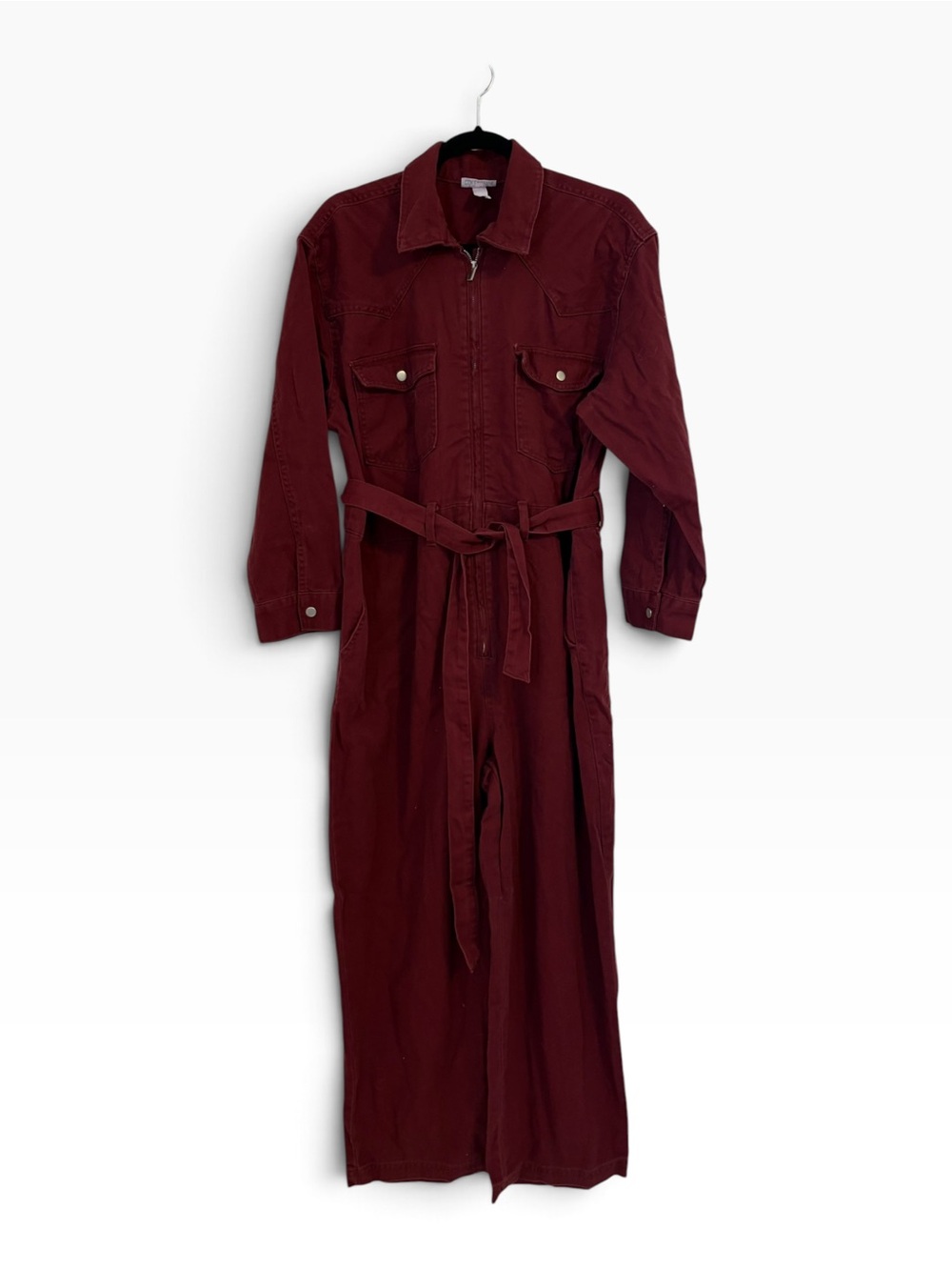 Future Collective Burgundy Utility Jumpsuit Red Jean Denim Zip Front XL NWOT